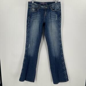 Vintage Y2K Low Rise Bootcut Jeans Womens Size 30 Bedazzled Turquoise Studs